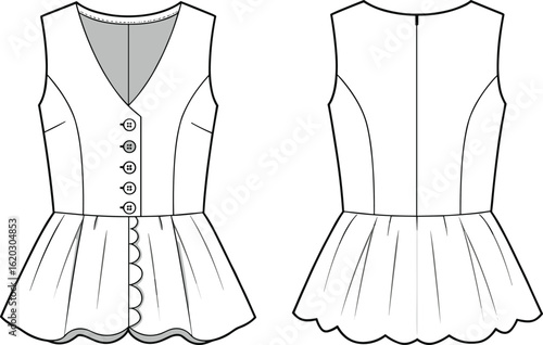 Women's Peplum Vest Top Flat Sketch, Scalloped Hem Fashion Technical Drawing, Apparel Design Template, CAD Illustration for Adobe Stock