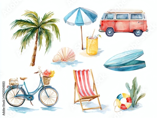 Summer items group including red suitcase, straw hat, goggles, and other isolated on background, Holiday trip vacation time on watercolor style