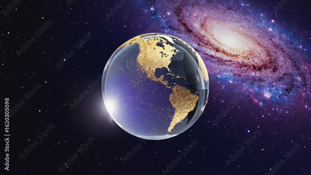 Fototapeta premium Transparent Globe Shining in Space with Golden Continents and Galaxy Backdrop