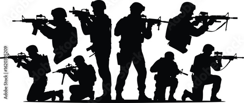 Silhouette soldiers aiming rifles with determination and focus during military operation preparation in dark uniforms