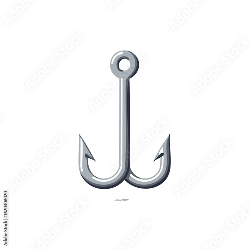 Illustration of a metal fishing hook with two points on a black background.