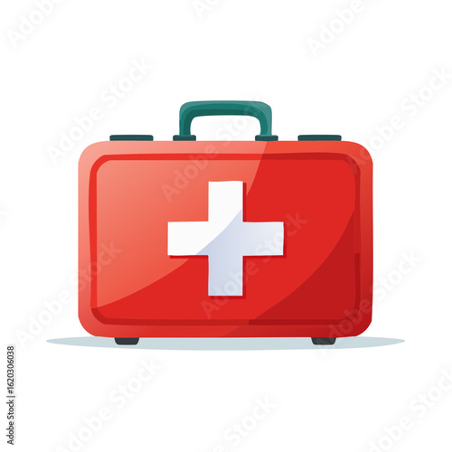 Cartoon red first aid kit with white cross. Medical case for emergencies, healthcare, and preparedness.