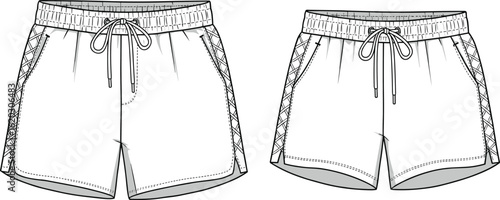 Stylish swim shorts CAD drawing, flat vector fashion illustration, trendy summer beachwear design for apparel manufacturing, detailed garment sketch file