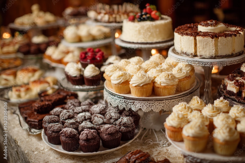 Fototapeta premium Delicious dessert display featuring assorted cakes and cupcakes at a festive gathering