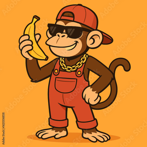 Cool cartoon monkey character wearing sunglasses, a baseball cap, and overalls, holding a banana.