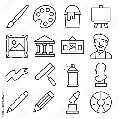 A collection of line art icons representing various tools and concepts related to art, painting, and creativity.