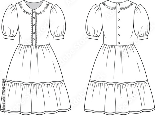 Women's Puff Sleeve Dress Flat Sketch, Peter Pan Collar Fashion Technical Drawing, Tiered Skirt Apparel Design, CAD Illustration