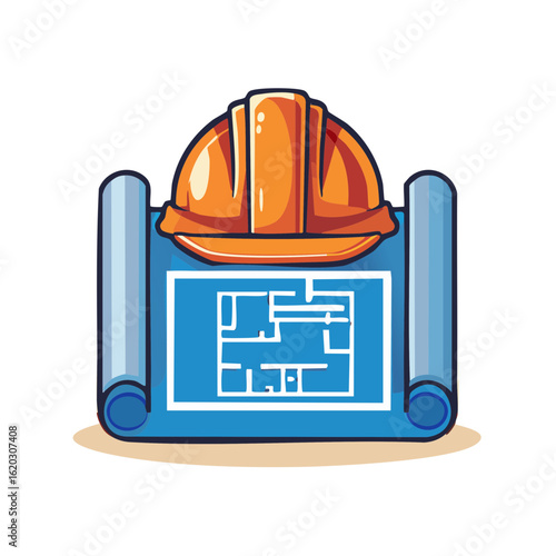 Orange Hard Hat on Blue Building Blueprint Construction Plan Concept