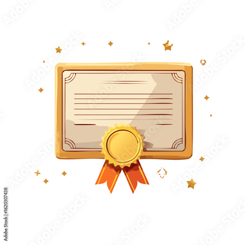 Gold-framed certificate with seal and ribbons, isolated on black. Award, achievement, diploma, official document.