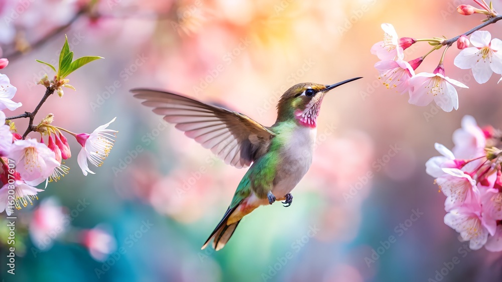 Hummingbird flying near cherry blossoms in the spring garden Hummingbird flying near cherry blossoms in the spring garden