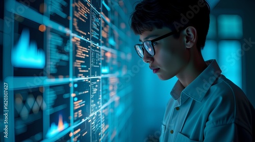 A young Asian data analyst studies complex machine learning algorithms on a glowing futuristic screen, monitoring artificial intelligence systems
