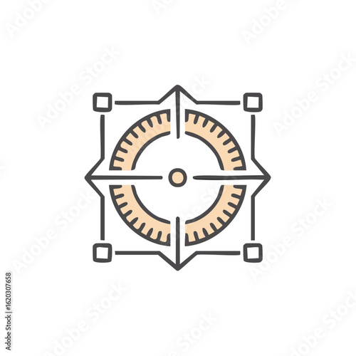 Abstract compass graphic with gray outline and peach infill on black background.