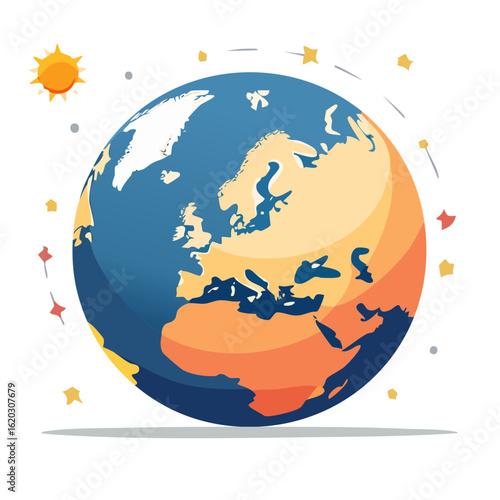 Earth Cartoon Globe with Sun and Stars Displaying Europe and Africa Illustration