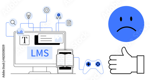 Digital learning tools with open book, computer, tablet gamification with game controller user feedback icons of sad face and thumbs-up. Ideal for e-learning, education, gamification, UX, content