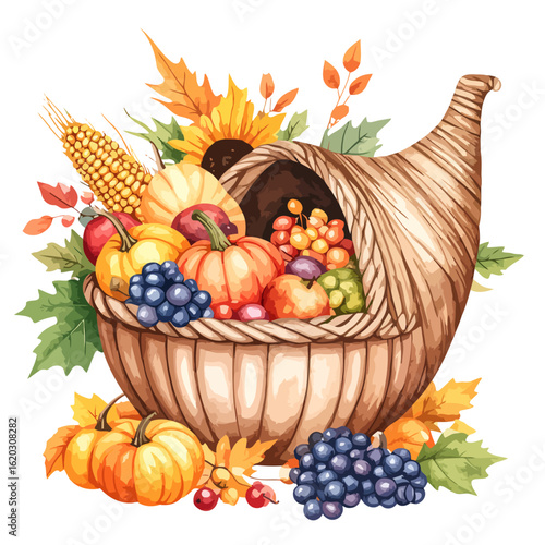 Wicker Cornucopia Horn of Plenty filled with a bountiful autumn harvest of fruits and vegetables.