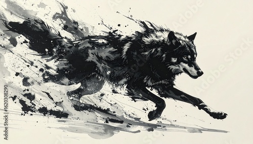 Wallpaper Mural Dynamic Black Ink Wolf in Motion - Monochrome Art Torontodigital.ca