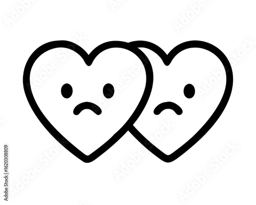 Simple line icon of two sad overlapping hearts with unhappy faces representing heartbreak