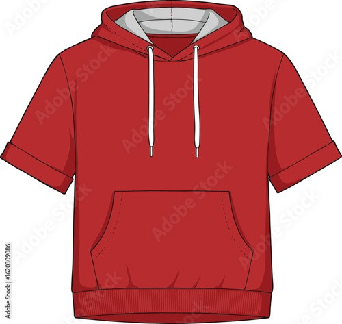 Trendy Red Short-Sleeve Hoodie with Drawstrings, Stylish Casual Fashion for Everyday Comfort, Flat CAD Vector Illustration for Apparel Design