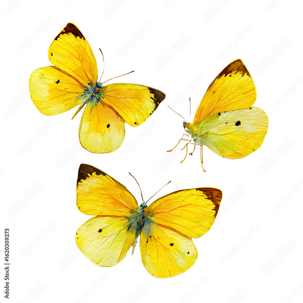 Fototapeta premium 3 yellow butterflies isolated on a Transparent background PNG