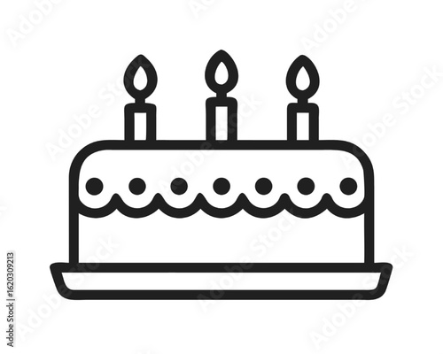 Minimalist line art icon of a birthday cake with candles for a party and celebration dessert