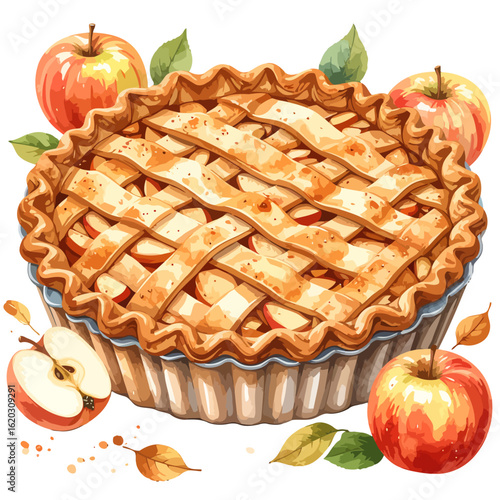 Delicious apple pie with a golden lattice crust, baked in a fluted pan, surrounded by fresh red apples and leaves.