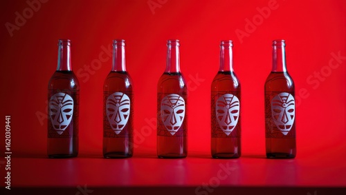 Five bottles with anonymous mask labels on a red background in studio