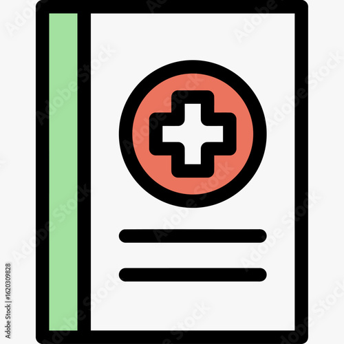 A graphic icon of a medical file or health record with a red cross symbol on the cover.