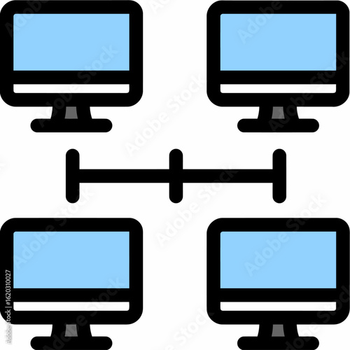Four computer monitors connected by a network cable, illustrating a computer network.