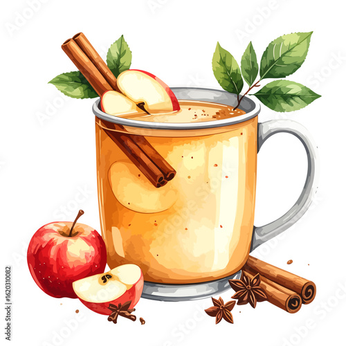 Hot spiced apple cider in a mug with cinnamon sticks, apple slices, and star anise garnish.