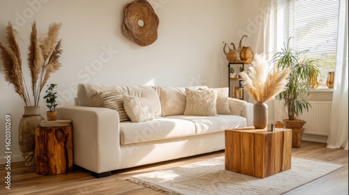 A bright and cozy minimalist living room with a soft beige couch, stylish wooden decor, and natural lighting.
