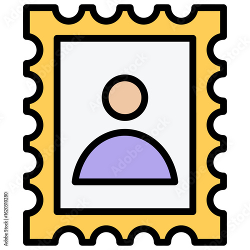 A stylized, flat design illustration of a postage stamp featuring a simple silhouette of a person's head and shoulders.