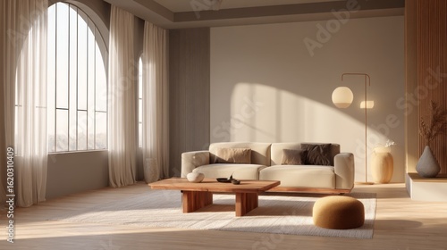 A bright minimalist living room with a neutral color palette, featuring a cozy sofa, wooden coffee table, and soft lighting.