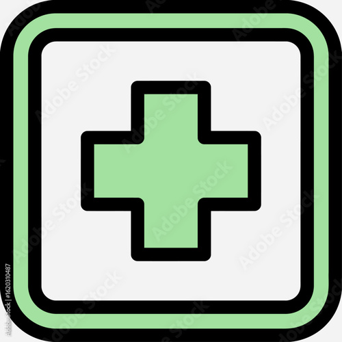 Green medical cross symbol centered in a rounded square with a thick green border, on a light gray background.