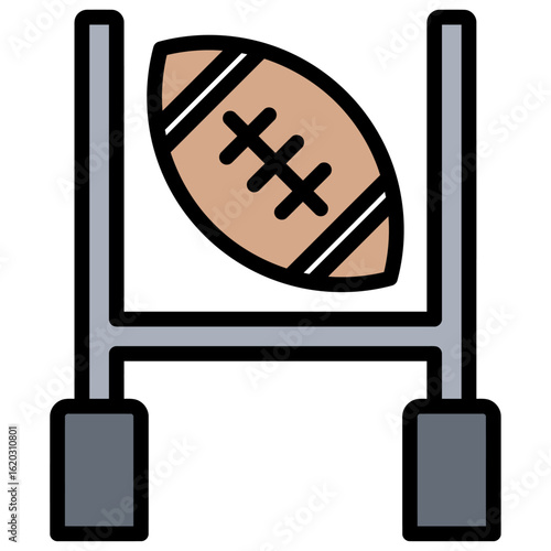 A stylized illustration of a brown rugby ball soaring through grey H-shaped goalposts, symbolizing a successful kick or score.