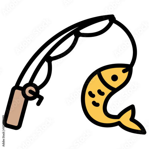 Cartoon illustration of a fishing rod with a yellow fish hooked on the line, representing a successful catch.