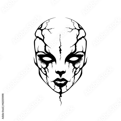 Vector graphic illustration of a dark fantasy goddess with a cracked face and glowing eyes. Gothic horror sorceress.