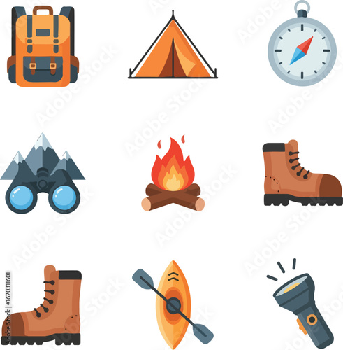 Outdoor Camping and Hiking Adventure Icons