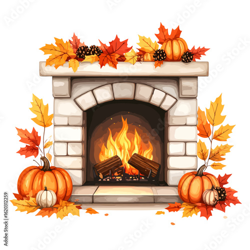 Cozy Autumn Fireplace Illustration with Burning Logs, Decorated with Pumpkins, Colorful Leaves, and Pinecones