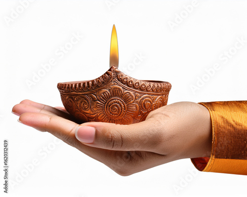 Indian Festival Diwali, lamp in hand, Traditional indian woman’s hands with colorful bangles holding lit Diwali oil lamp for festival of lights

