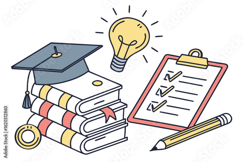 Illustration of books with graduation cap lightbulb checklist and pencil representing education concept