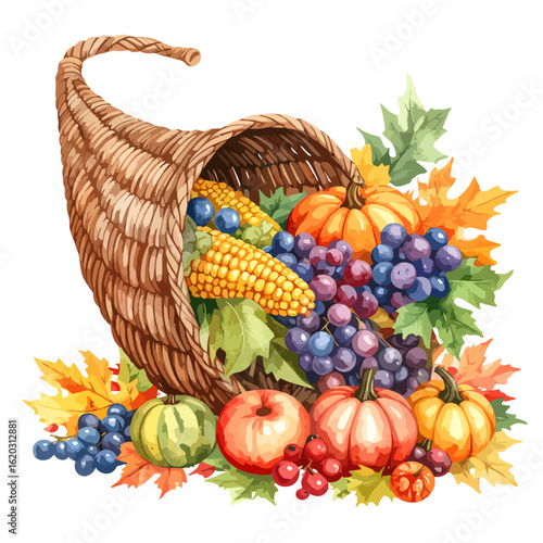 Woven cornucopia horn of plenty overflowing with a vibrant autumn harvest of pumpkins, grapes, and corn.