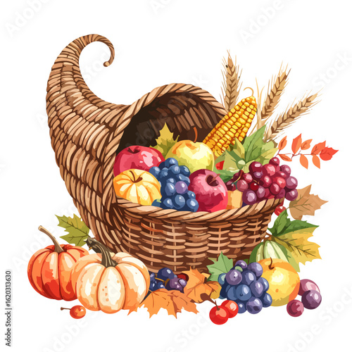 Illustrated wicker cornucopia basket overflowing with a bountiful autumn harvest of fruits and vegetables.