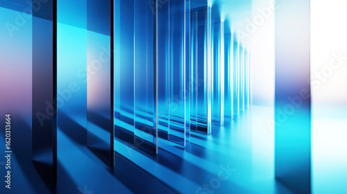 A blue and white abstract architectural space with glass panels and a reflective floor.