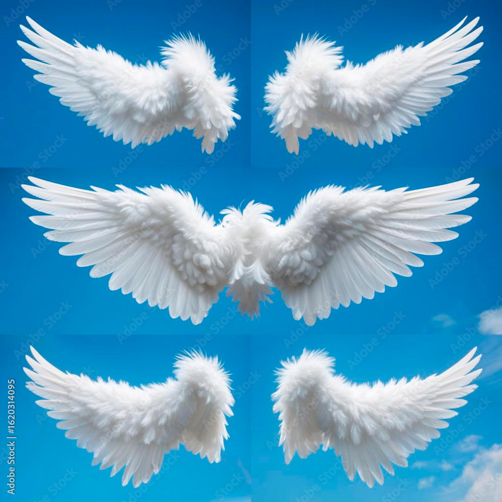 Fototapeta premium White feathered angel wings on blue sky background 