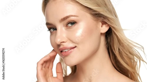 Blonde woman with fair skin touching her face