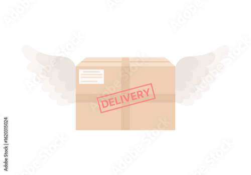 Cardboard delivery box with red stamp and wings, isolated on white background. Flat vector illustration