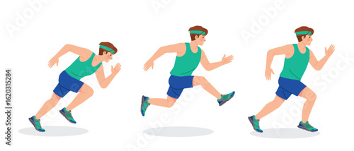 A male athlete character, vector illustration with running, sprint and jump actions. Perfect for fitness, sport, marathon, competition and health concepts.