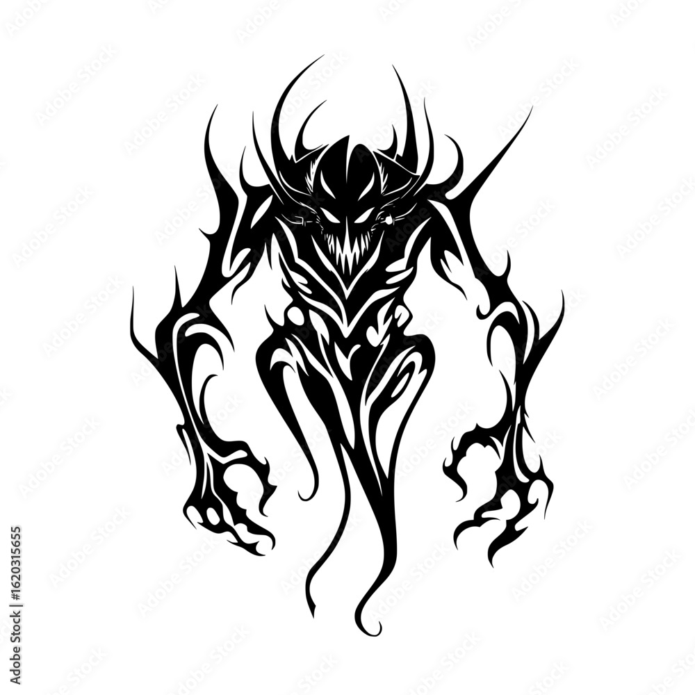 Fototapeta premium A menacing tribal demon monster with sharp claws and horns, a dark fantasy vector svg illustration for tattoo design.