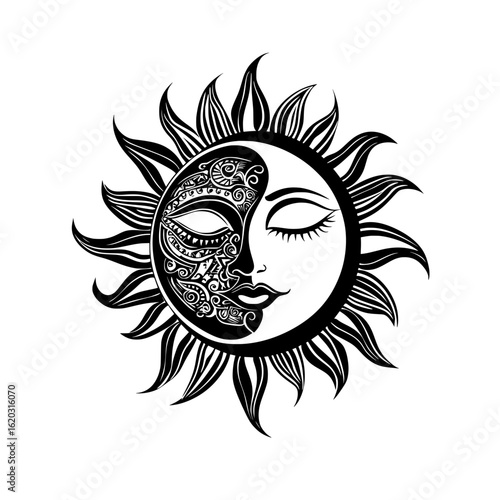 Mystical vector illustration of a combined sun and moon face with intricate bohemian patterns, symbolizing duality.