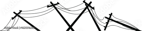 Silhouette of fallen broken utility poles with tangled electric wires, black vector illustration, disaster damage scene, power outage, infrastructure collapse art